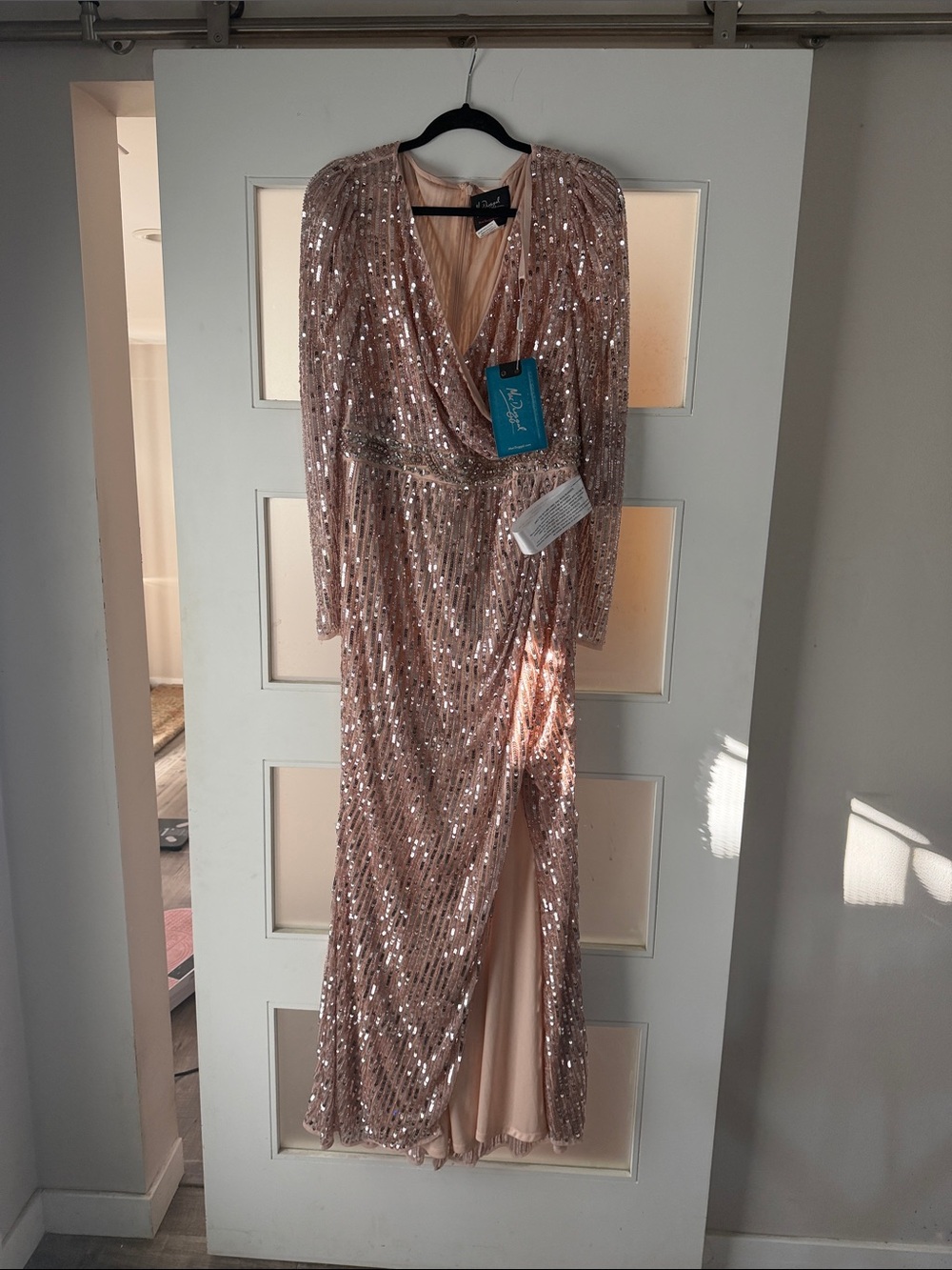 Mac Duggal Rose Gold Sequin Wrap Gown with Long Sleeves